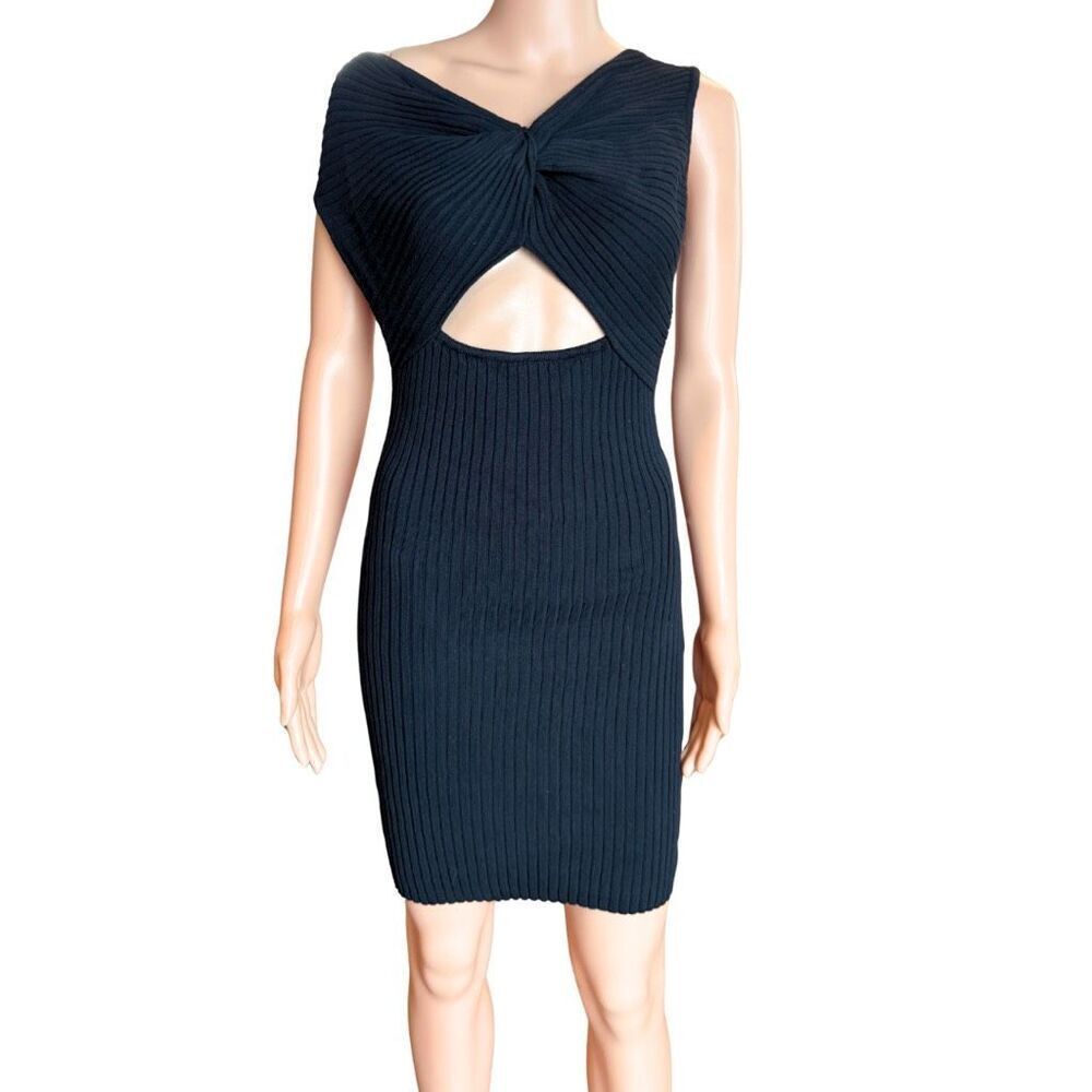Anna Quan Zali Dress 10 Black Ribbed Knit One Shoulder Cutout Mini Bodycon NWT - Picture 8 of 13